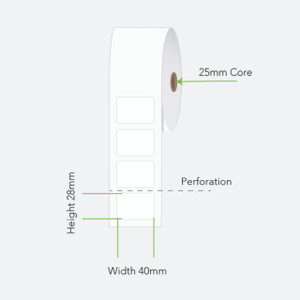White 40mm x 28mm direct thermal label roll on a 25mm core, 2000 labels per roll, perforated