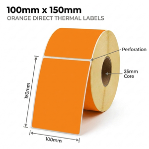 Orange 100mm x 150mm (4x6) direct thermal label roll on a 25mm core, 400 labels per roll, perforated