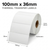 White 100mm x 36mm thermal transfer label roll on a 25mm core, 750 labels per roll, perforated