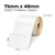 White 75mm x 48mm direct thermal label roll on a 25mm core, 1000 labels per roll