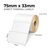 White 75mm x 33mm direct thermal label roll on a 25mm core, 1000 labels per roll, perforated