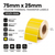 Specification infographic for 75mm x 25mm yellow thermal transfer labels, 40mm core, 1000 labels per roll, perforated