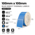 Specification infographic for 100mm x 100mm blue direct thermal labels, 76mm core, 1000 labels per roll, perforated