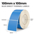 Roll of blue 100mm x 100mm perforated direct thermal labels on a 76mm core, 1000 labels per roll