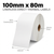White 100mm x 80m continuous direct thermal linerless label roll on a 25mm core, no liner