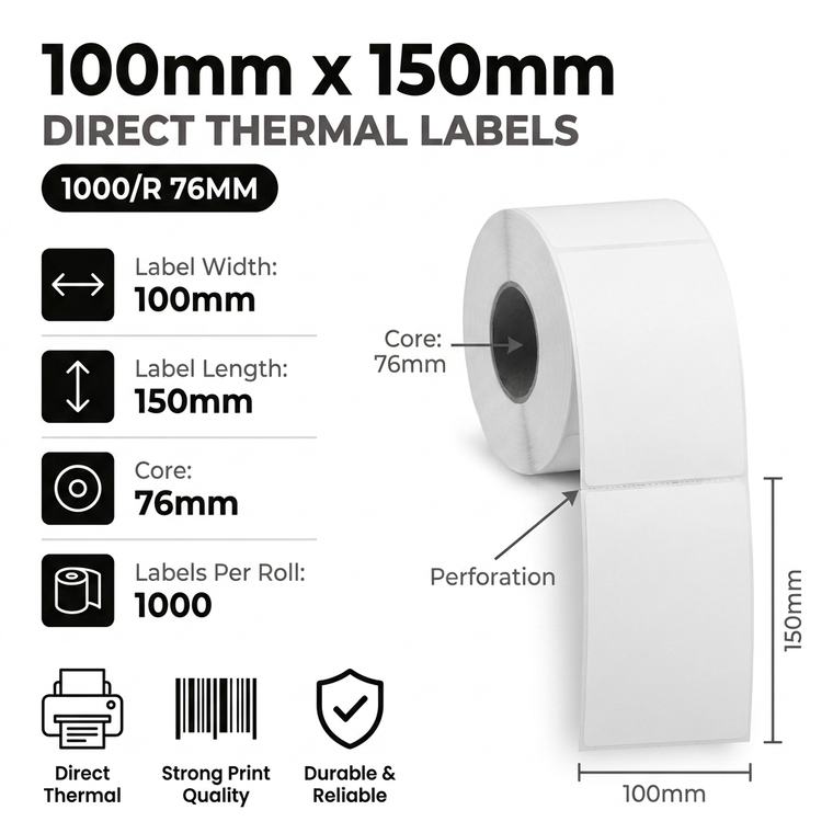100mm x 150mm (4x6) direct thermal labels specifications: 100mm label width, 150mm label length, 76mm core, 1000 perforated labels per roll