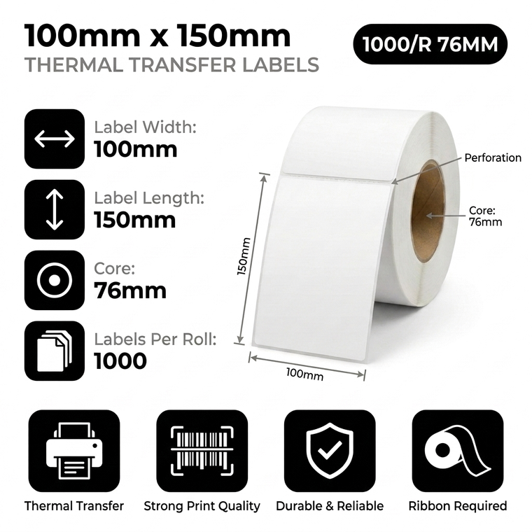 100mm x 150mm (4x6) thermal transfer labels specifications: 100mm label width, 150mm label length, 76mm core, 1000 perforated labels per roll