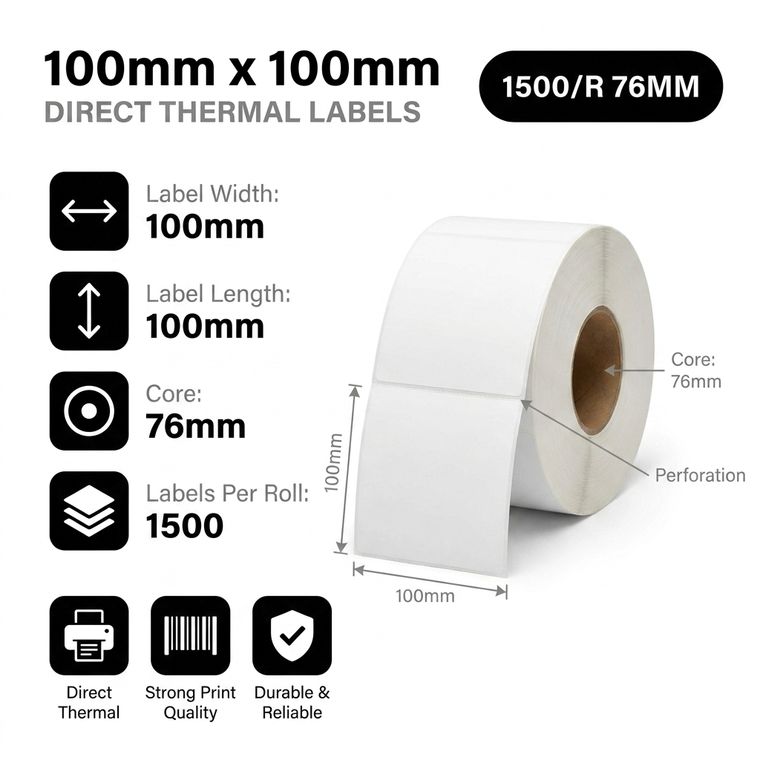 100mm x 100mm direct thermal labels specifications: 100mm label width, 100mm label length, 76mm core, 1500 perforated labels per roll