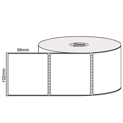 White 102mm x 99mm direct thermal label roll on a 25mm core, 500 labels per roll, perforated