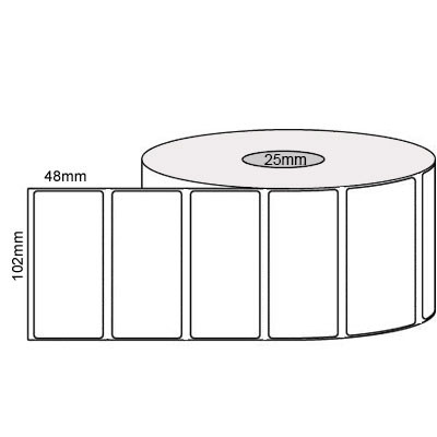 White 102mm x 48mm direct thermal label roll on a 25mm core, 1250 labels per roll