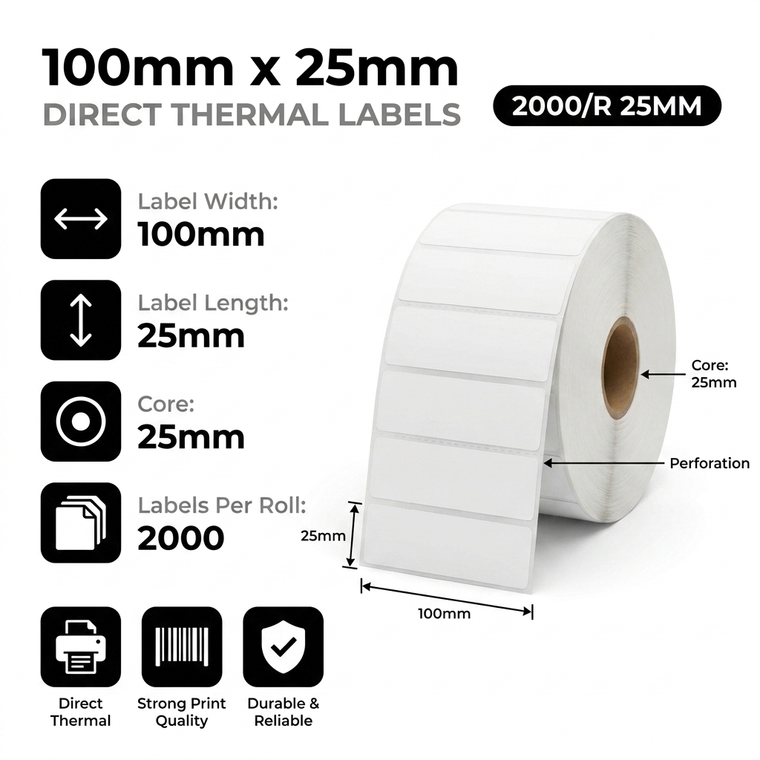 100mm x 25mm direct thermal labels specifications: 100mm label width, 25mm label length, 25mm core, 2000 perforated labels per roll