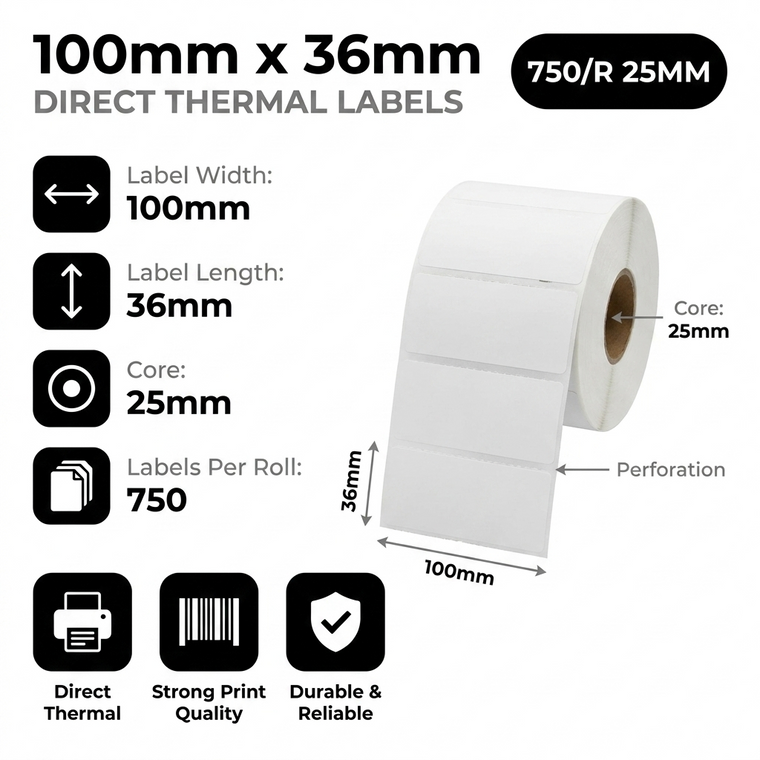 100mm x 36mm direct thermal labels specifications: 100mm label width, 36mm label length, 25mm core, 750 perforated labels per roll