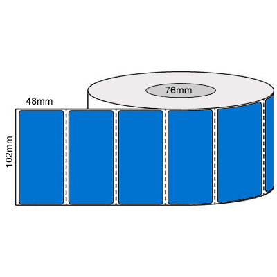 Blue 102mm x 48mm thermal transfer label roll on a 76mm core, 2000 labels per roll, perforated