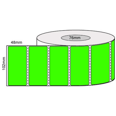 Green 102mm x 48mm thermal transfer label roll on a 76mm core, 2000 labels per roll, perforated