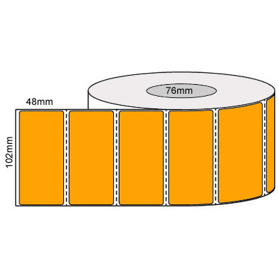 Orange 102mm x 48mm thermal transfer label roll on a 76mm core, 2000 labels per roll, perforated