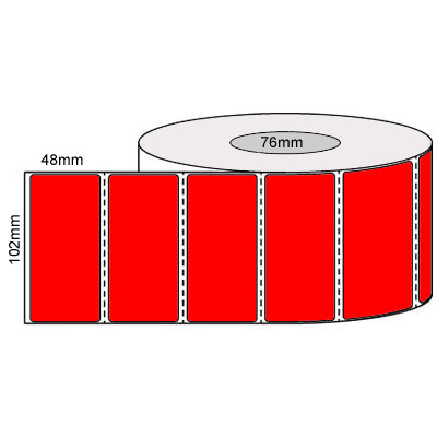 Red 102mm x 48mm thermal transfer label roll on a 76mm core, 2000 labels per roll, perforated