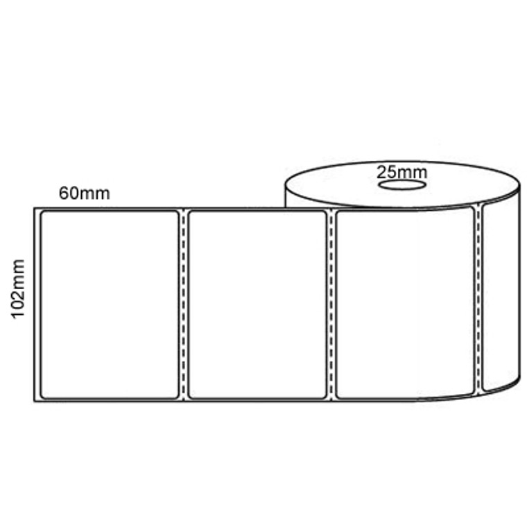 102mm (W) x 60mm (L) Thermal Transfer Perforated Labels, 25mm core, (1000/roll)