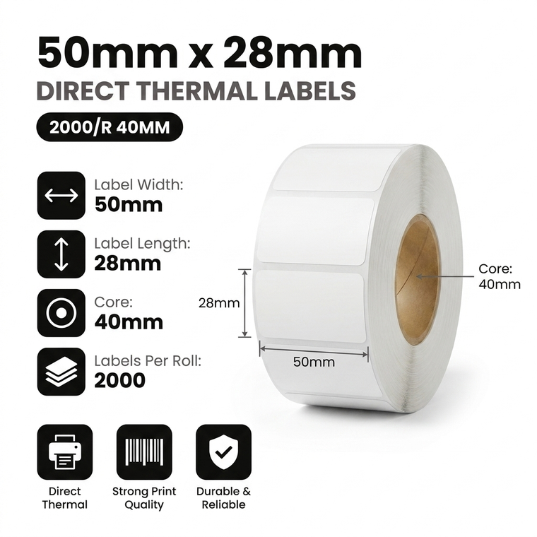 50mm x 28mm direct thermal labels specifications: 50mm label width, 28mm label length, 40mm core, 2000 labels per roll