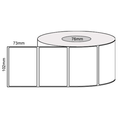 White 102mm x 73mm thermal transfer label roll on a 76mm core, 2000 labels per roll