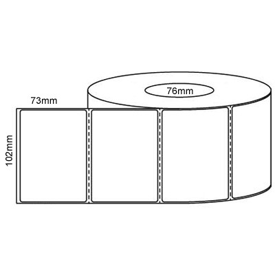 White 102mm x 73mm thermal transfer label roll on a 76mm core, 2000 labels per roll, perforated