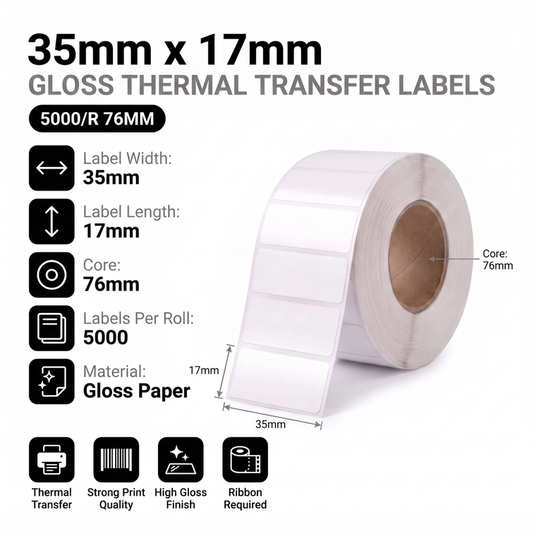 Specification infographic for 35mm x 17mm white gloss thermal transfer labels, 76mm core, 5000 labels per roll