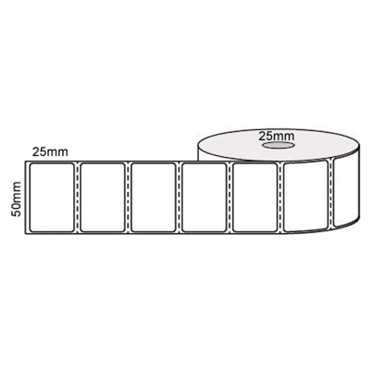 White Direct Thermal label, 50mm wide x 25mm deep, 500 Labels per roll, 1 Label across, 25mm core, Perforated between each label.