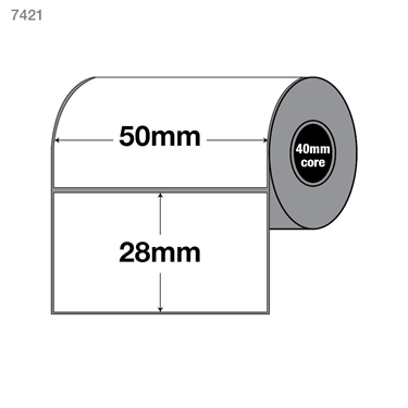 White 50mm x 28mm direct thermal label roll on a 40mm core, 2000 labels per roll