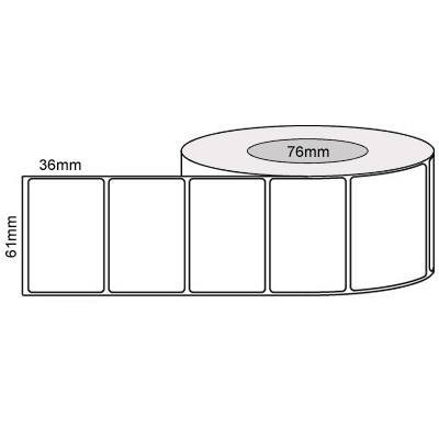 White 61mm x 36mm thermal transfer label roll on a 76mm core, 2500 labels per roll