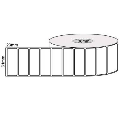 White 63mm x 23mm thermal transfer label roll on a 25mm core, 2500 labels per roll