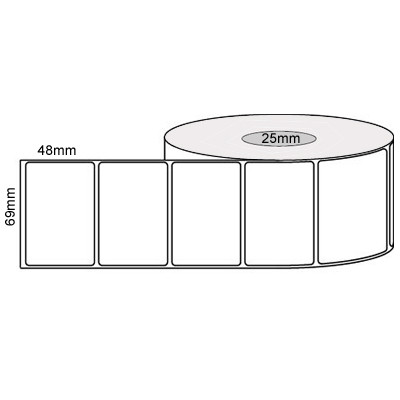 White 69mm x 48mm thermal transfer label roll on a 25mm core, 1000 labels per roll