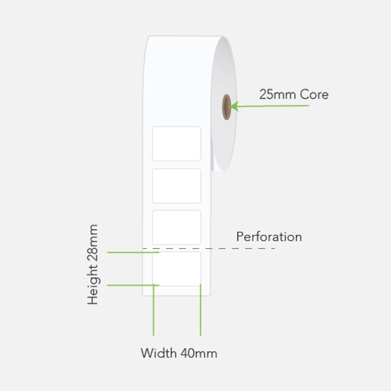 White Direct Thermal label Roll. 40mm wide x 28mm deep. 2000 Labels per roll. 1 Label across,25mm core with Removable Adhesive.