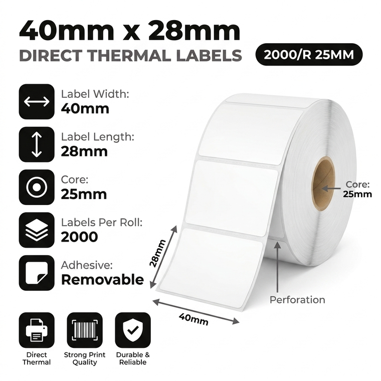 40mm x 28mm removable direct thermal labels specifications: 40mm label width, 28mm label length, 25mm core, 2000 perforated labels per roll, removable adhesive