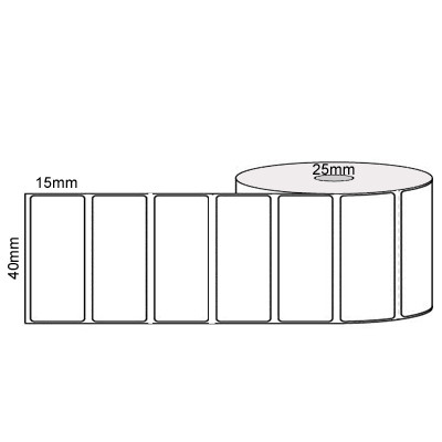White 40mm x 15mm direct thermal label roll on a 25mm core, 1000 labels per roll