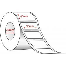 White 90mm x 40mm direct thermal label roll on a 25mm core, 1000 labels per roll