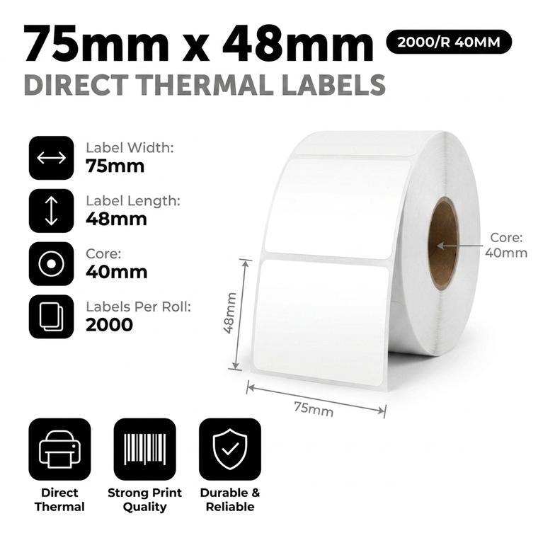 75mm x 48mm direct thermal labels specifications: 75mm label width, 48mm label length, 40mm core, 2000 labels per roll, non-perforated