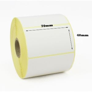 White 70mm x 40mm direct thermal label roll on a 25mm core, 500 labels per roll, perforated