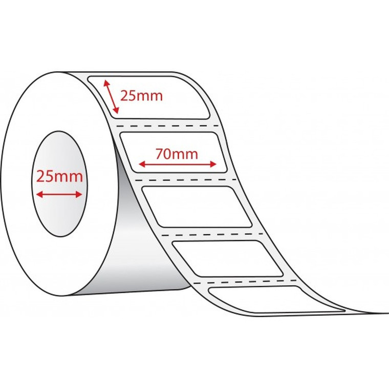 70mm (W) x 25mm (L) Direct Thermal Label 1000/R 25mm Perforated