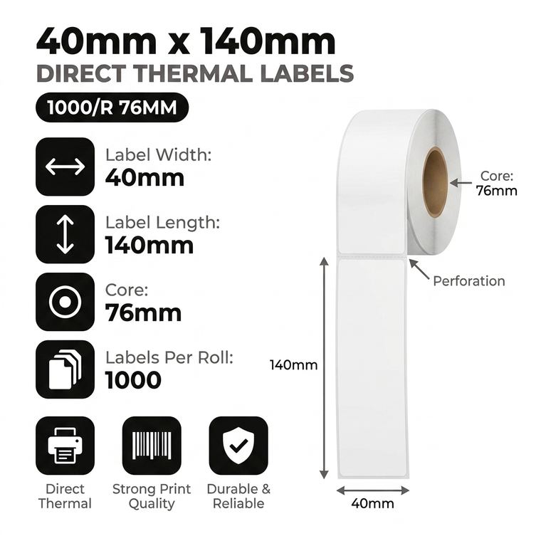 40mm x 140mm direct thermal labels specifications: 40mm label width, 140mm label length, 76mm core, 1000 perforated labels per roll