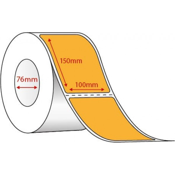 Fluoro orange 100mm x 150mm (4x6) thermal transfer label roll on a 76mm core, 1000 labels per roll, perforated