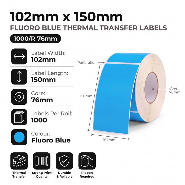 Specification infographic for 102mm x 150mm fluoro blue thermal transfer labels, 76mm core, 1000 labels per roll, perforated