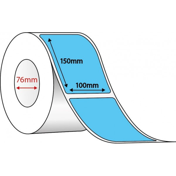 Fluoro blue 100mm x 150mm (4x6) thermal transfer label roll on a 76mm core, 1000 labels per roll, perforated