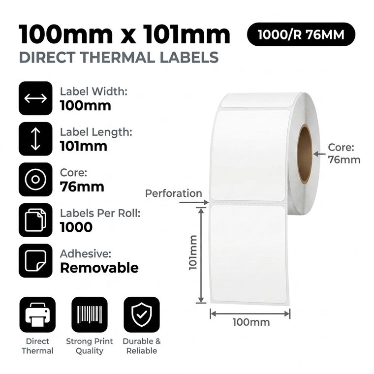 100mm x 101mm direct thermal labels specifications: 100mm label width, 101mm label length, 76mm core, 1000 perforated labels per roll, removable adhesive