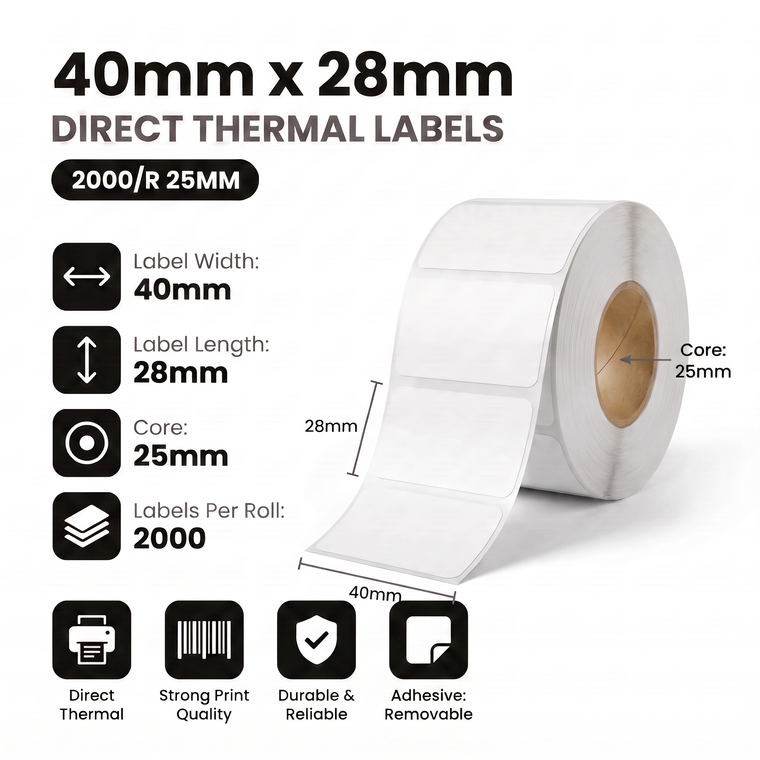 40mm x 28mm direct thermal labels specifications: 40mm label width, 28mm label length, 25mm core, 2000 labels per roll