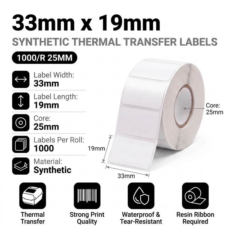 33mm x 19mm synthetic waterproof thermal transfer labels specifications: 33mm label width, 19mm label length, 25mm core, 1000 labels per roll, resin ribbon required