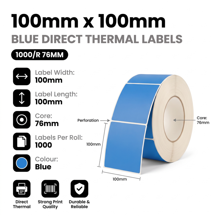 Specification infographic for 100mm x 100mm blue direct thermal labels, 76mm core, 1000 labels per roll, perforated