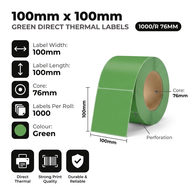 100mm x 100mm green direct thermal labels specifications: 100mm label width, 100mm label length, 76mm core, 1000 perforated labels per roll