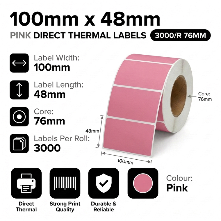 100mm x 48mm pink direct thermal labels specifications: 100mm label width, 48mm label length, 76mm core, 3000 labels per roll