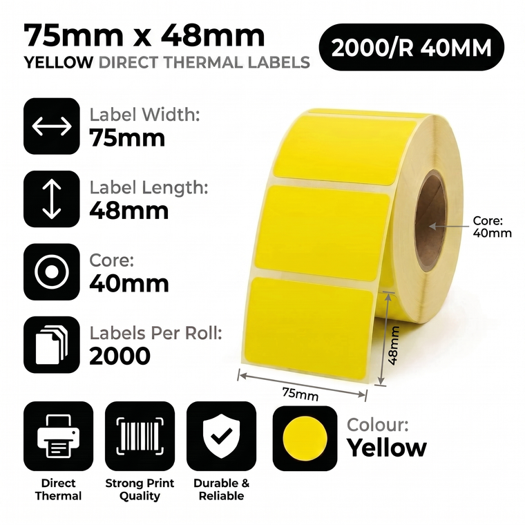 75mm x 48mm yellow direct thermal labels specifications: 75mm label width, 48mm label length, 40mm core, 2000 labels per roll