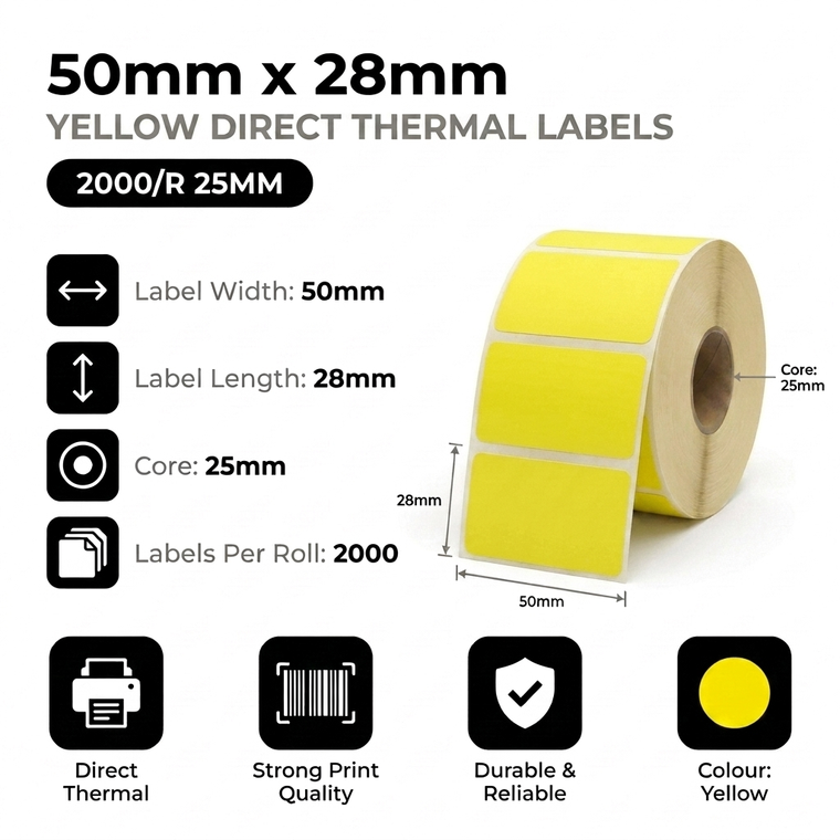 50mm x 28mm yellow direct thermal labels specifications: 50mm label width, 28mm label length, 25mm core, 2000 labels per roll
