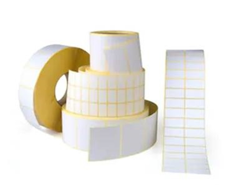 White Direct Thermal Label Roll with 7500 labels, 31mm wide x 25mm deep, 3 labels across, 25mm core with permanent adhesive.